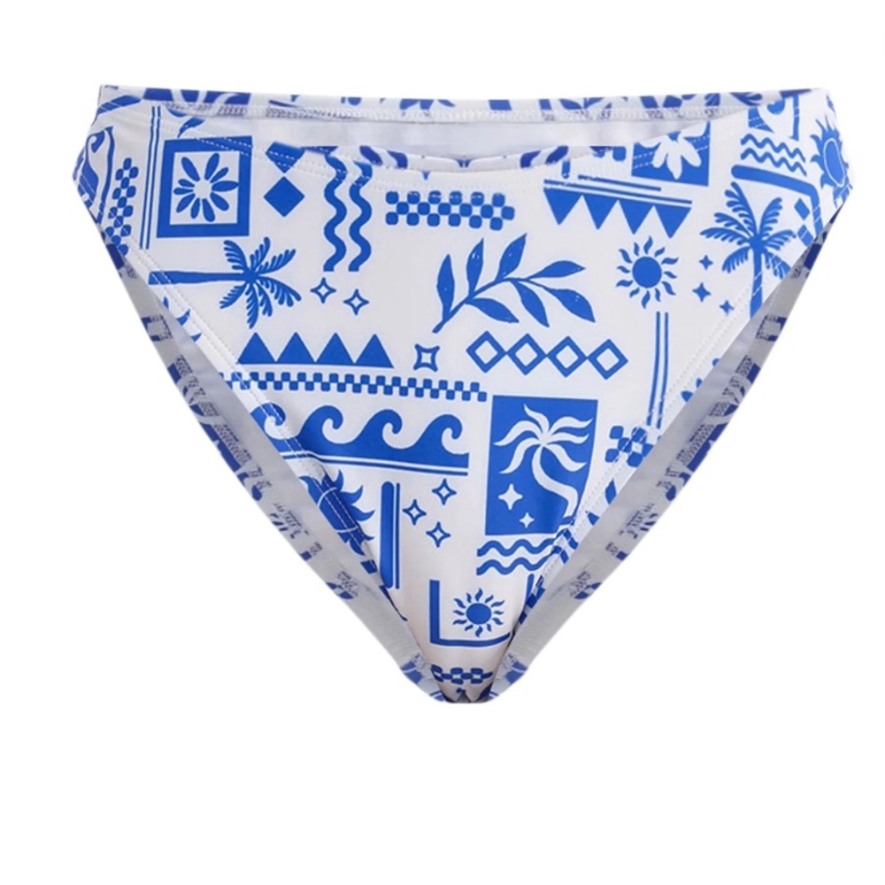 High Leg Mid Rise Cheeky Bikini Bottom Blue and White No Boundaries Large 12-14